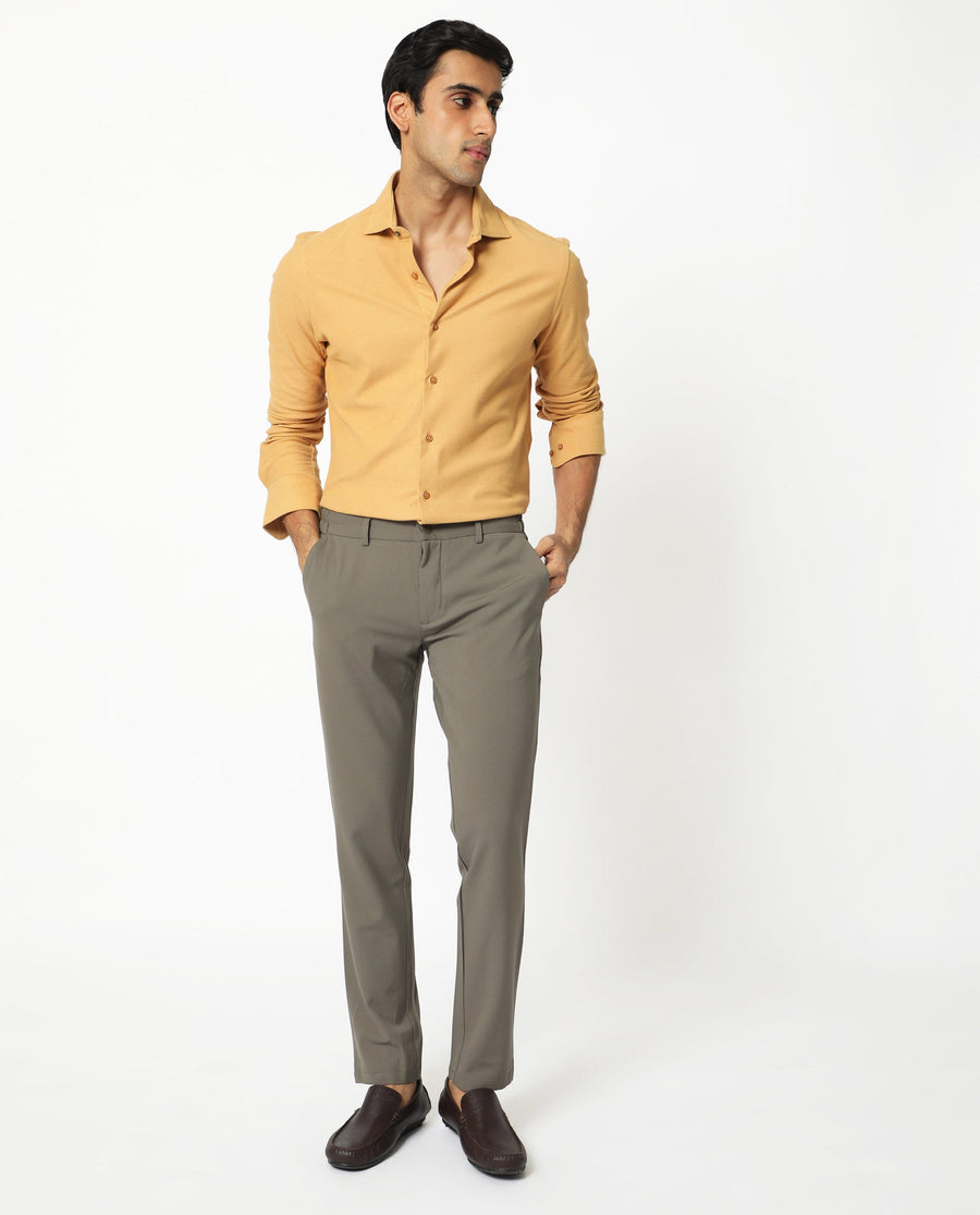 Rare Rabbit Men's Venziya Dark Yellow Cotton Plain Regular Fit Full Sleeve Collared Shirt