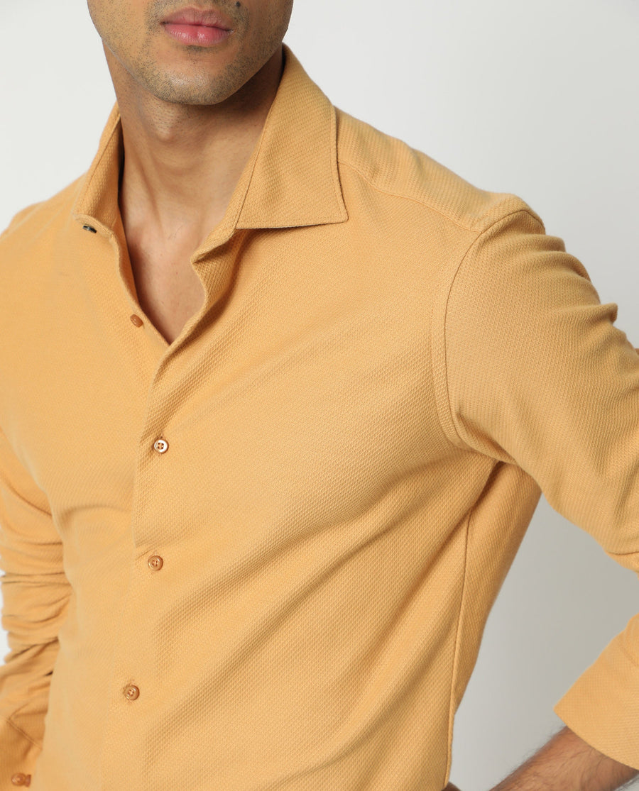 Rare Rabbit Men's Venziya Dark Yellow Cotton Plain Regular Fit Full Sleeve Collared Shirt