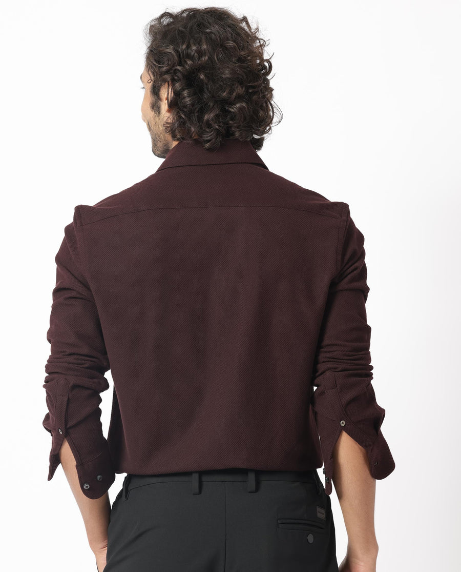 Rare Rabbit Men's Venizia Brown Cotton Textured Regular Fit Full Sleeve Collared Shirt