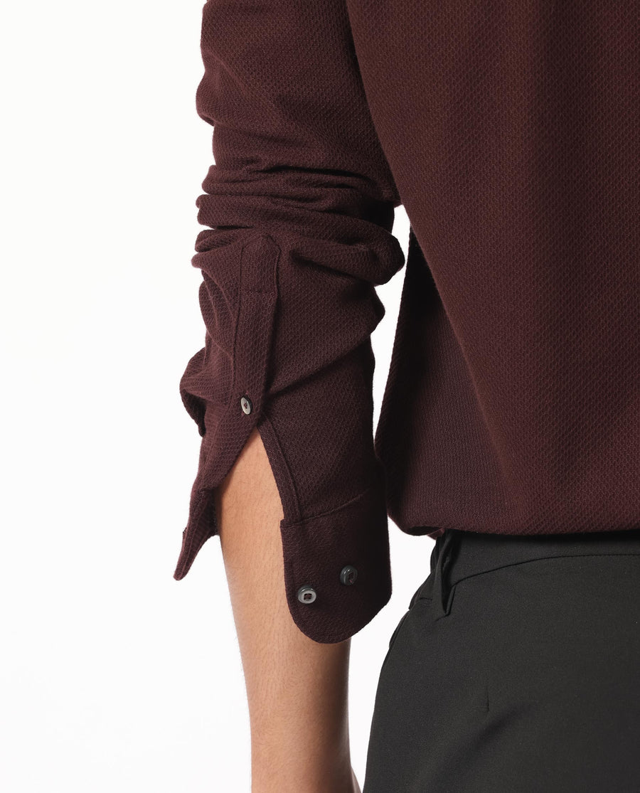 Rare Rabbit Men's Venizia Brown Cotton Textured Regular Fit Full Sleeve Collared Shirt
