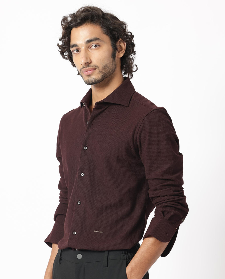 Rare Rabbit Men's Venizia Brown Cotton Textured Regular Fit Full Sleeve Collared Shirt