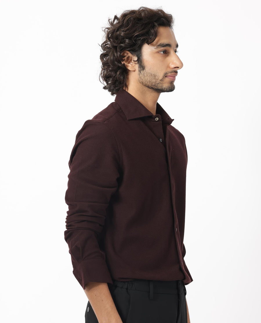 Rare Rabbit Men's Venizia Brown Cotton Textured Regular Fit Full Sleeve Collared Shirt