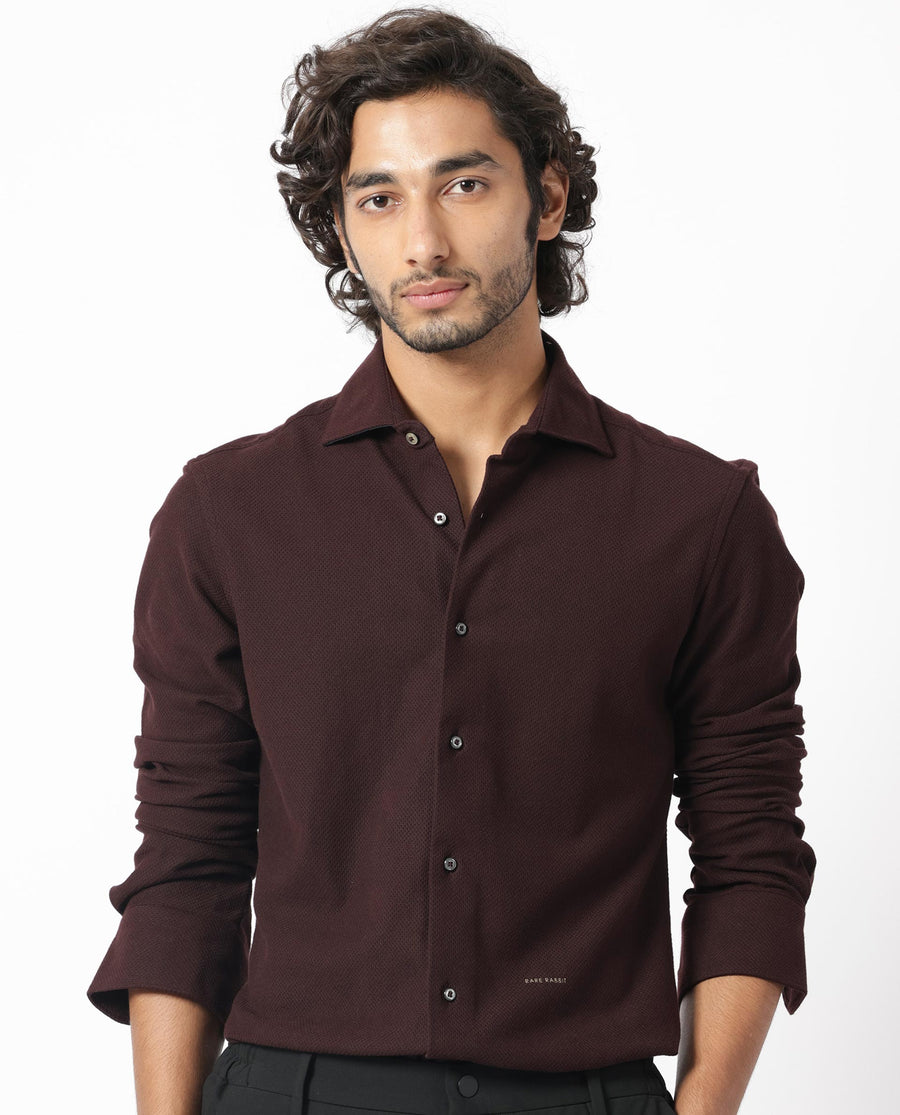 Rare Rabbit Men's Venizia Brown Cotton Textured Regular Fit Full Sleeve Collared Shirt
