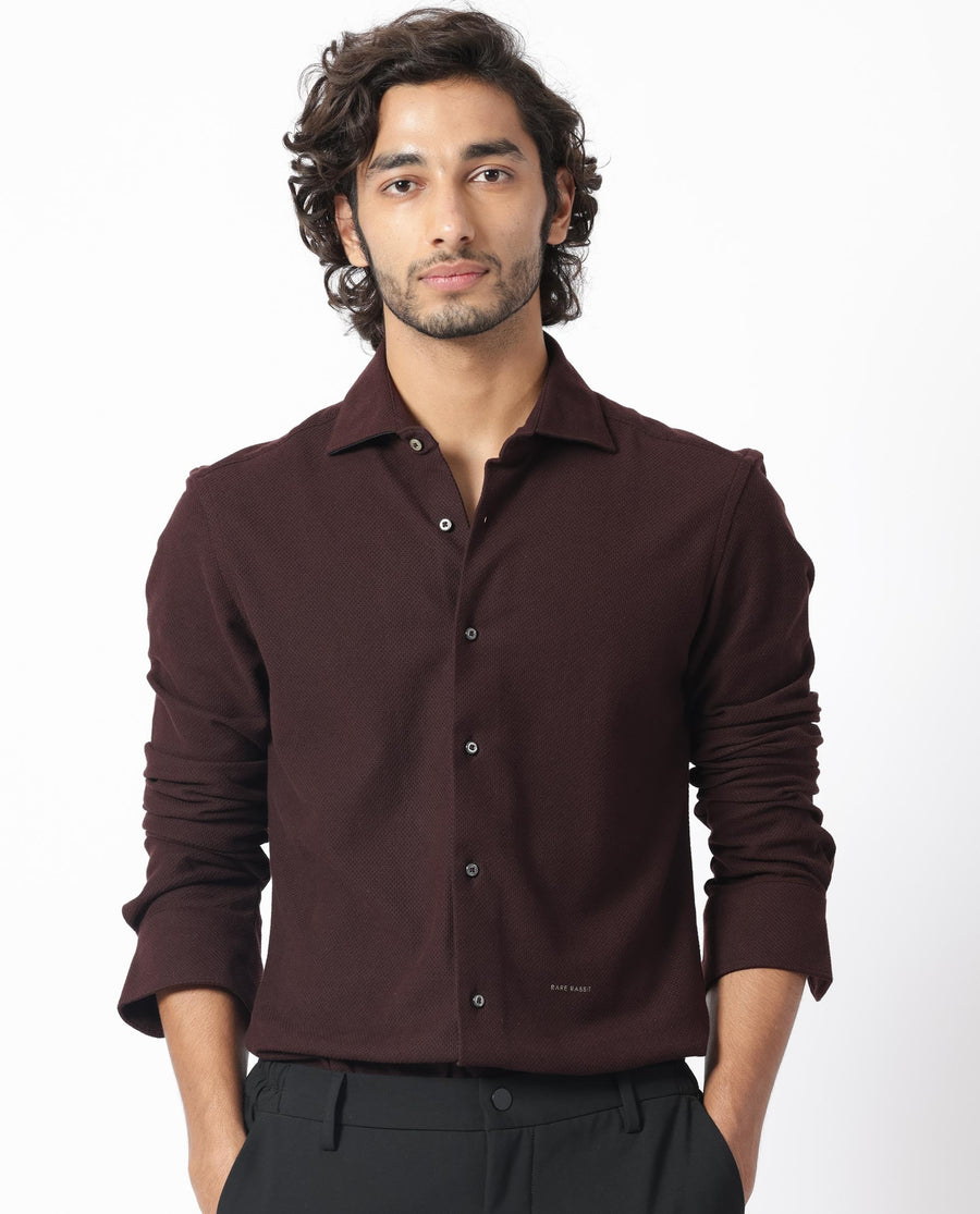 Rare Rabbit Men's Venizia Brown Cotton Textured Regular Fit Full Sleeve Collared Shirt