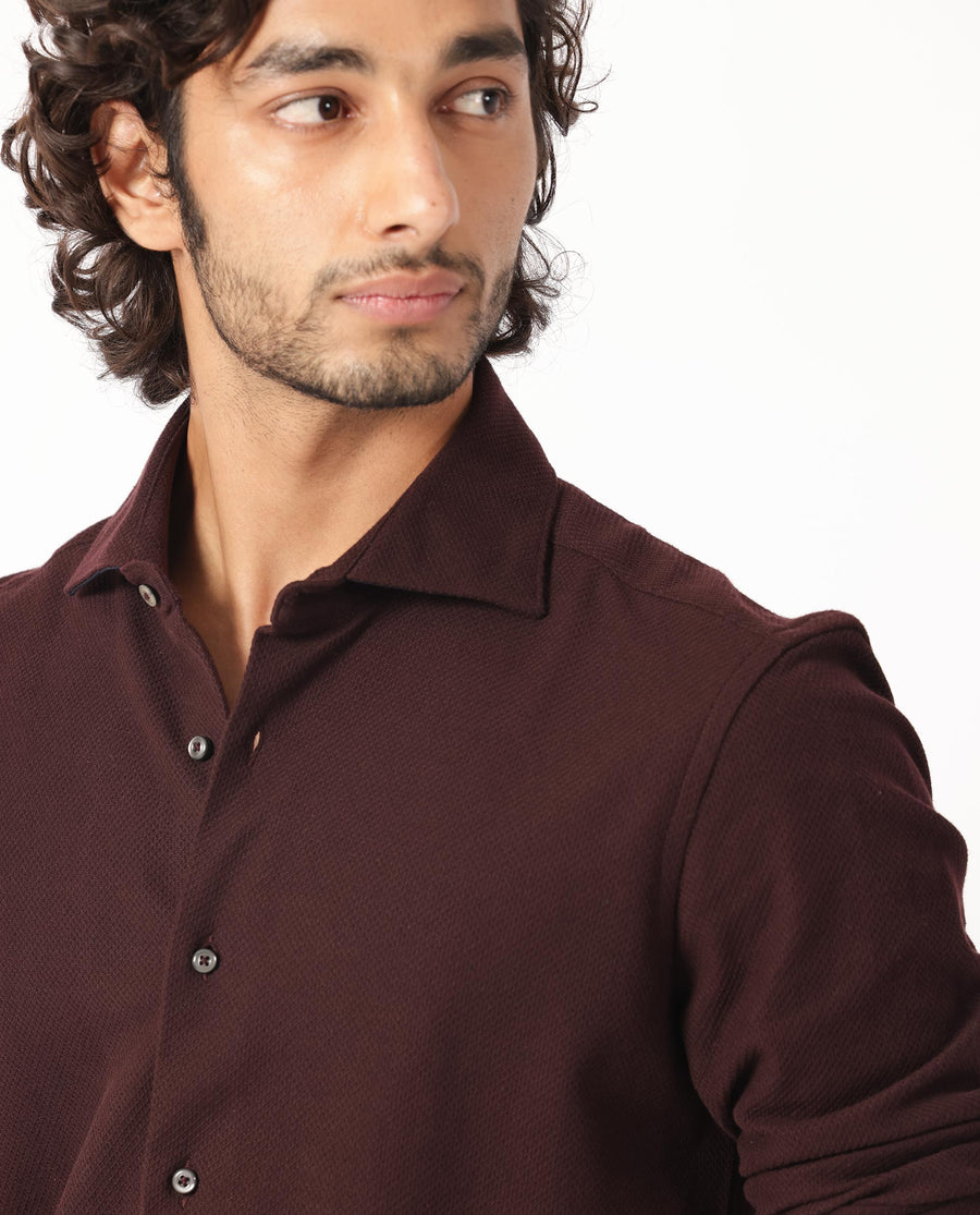 Rare Rabbit Men's Venizia Brown Cotton Textured Regular Fit Full Sleeve Collared Shirt