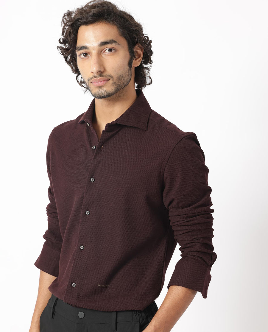 Rare Rabbit Men's Venizia Brown Cotton Textured Regular Fit Full Sleeve Collared Shirt