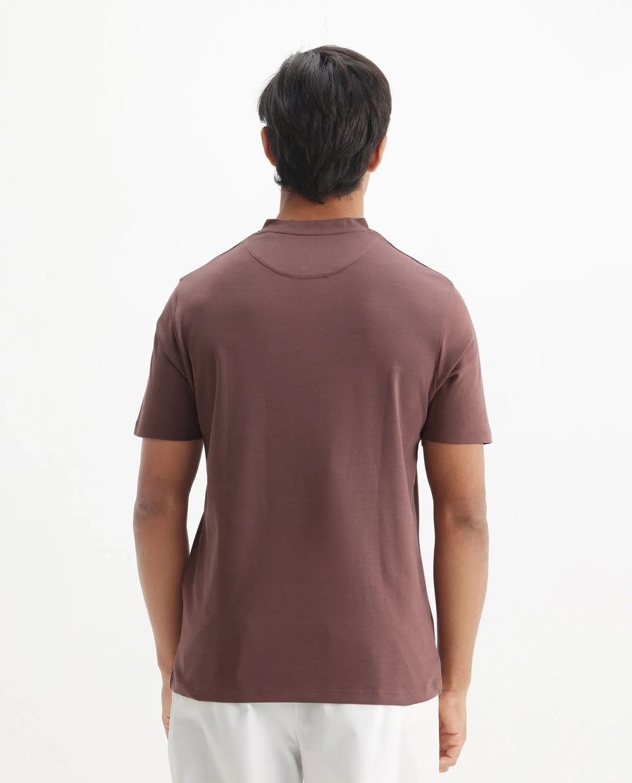 Rare Rabbit Men's Veno Brown Cotton Plain Regular Fit Henley Neck Half Sleeve Polo