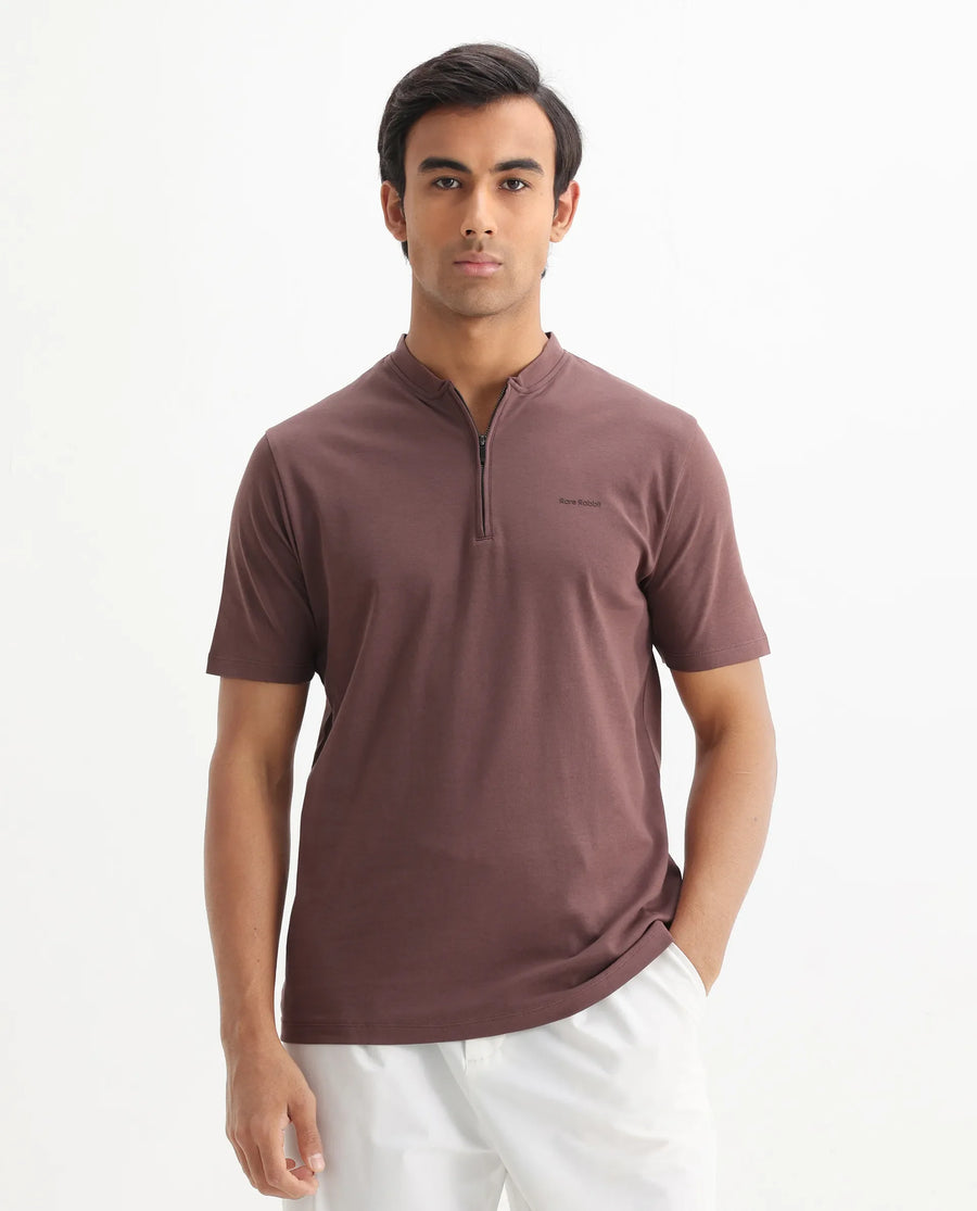 Rare Rabbit Men's Veno Brown Cotton Plain Regular Fit Henley Neck Half Sleeve Polo