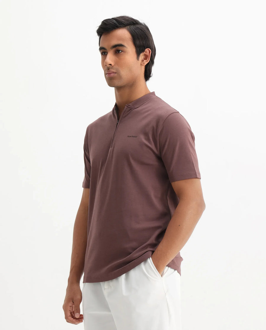 Rare Rabbit Men's Veno Brown Cotton Plain Regular Fit Henley Neck Half Sleeve Polo