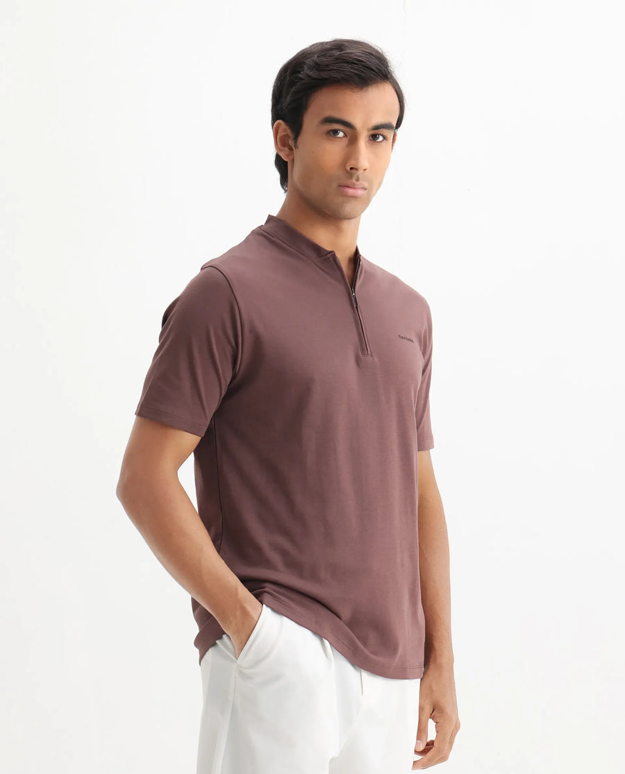 Rare Rabbit Men's Veno Brown Cotton Plain Regular Fit Henley Neck Half Sleeve Polo