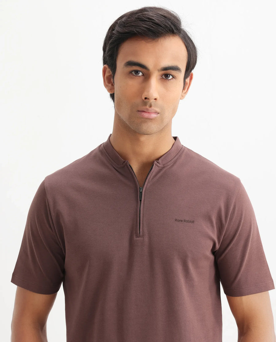Rare Rabbit Men's Veno Brown Cotton Plain Regular Fit Henley Neck Half Sleeve Polo
