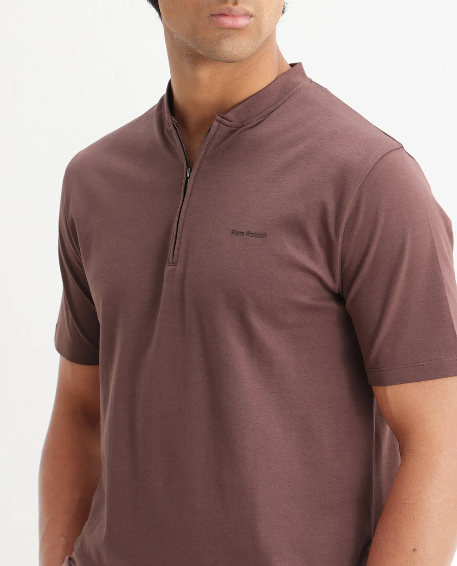 Rare Rabbit Men's Veno Brown Cotton Plain Regular Fit Henley Neck Half Sleeve Polo