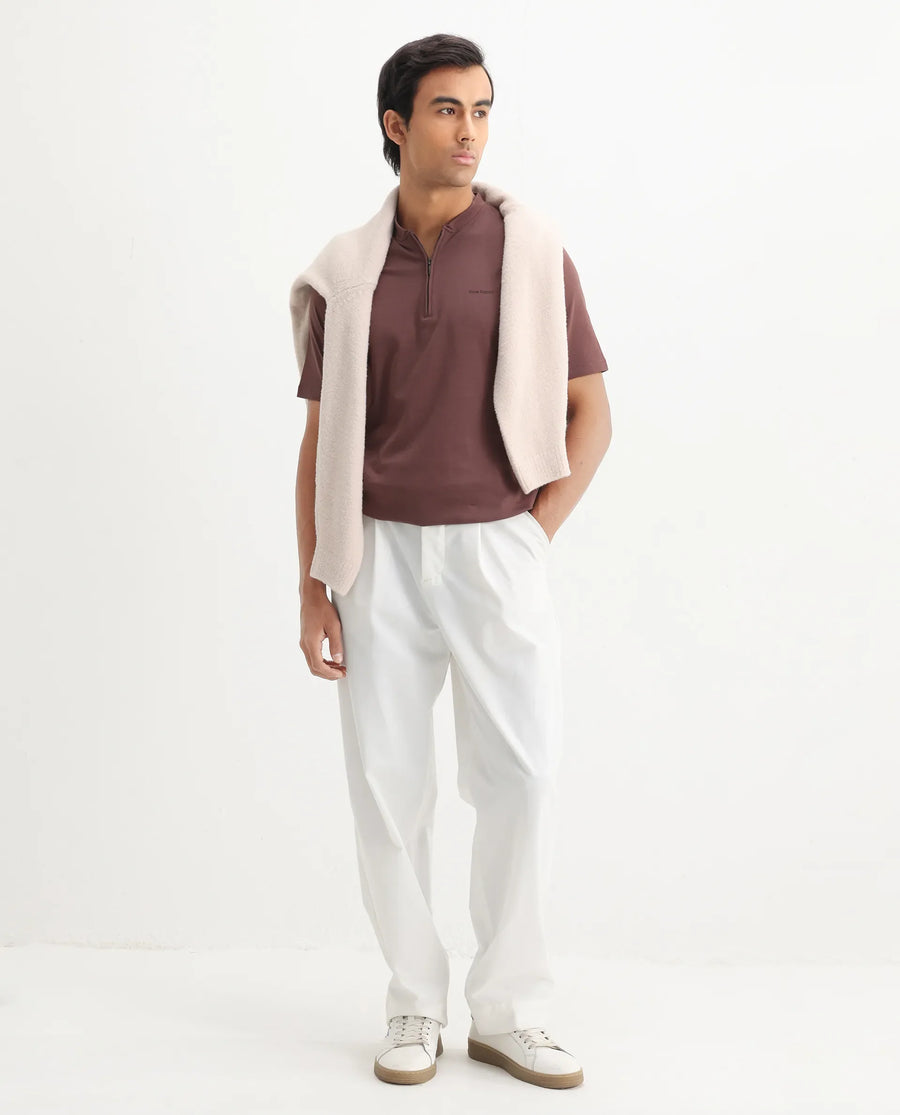 Rare Rabbit Men's Veno Brown Cotton Plain Regular Fit Henley Neck Half Sleeve Polo