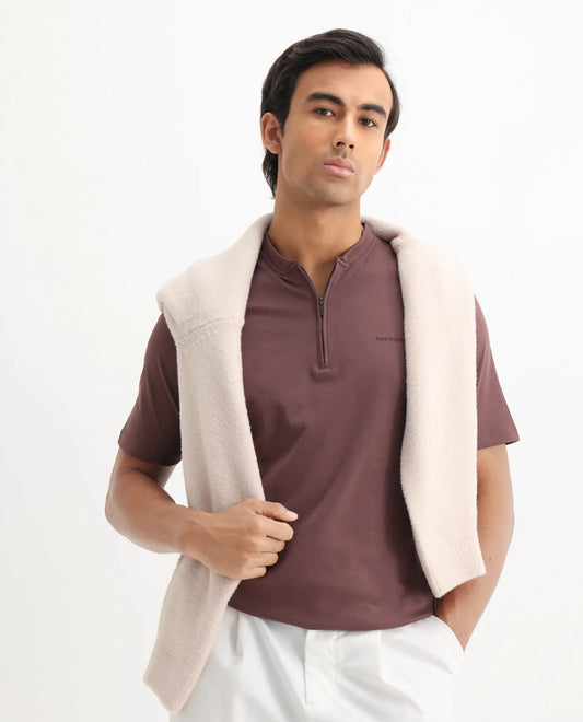 Rare Rabbit Men's Veno Brown Cotton Plain Regular Fit Henley Neck Half Sleeve Polo