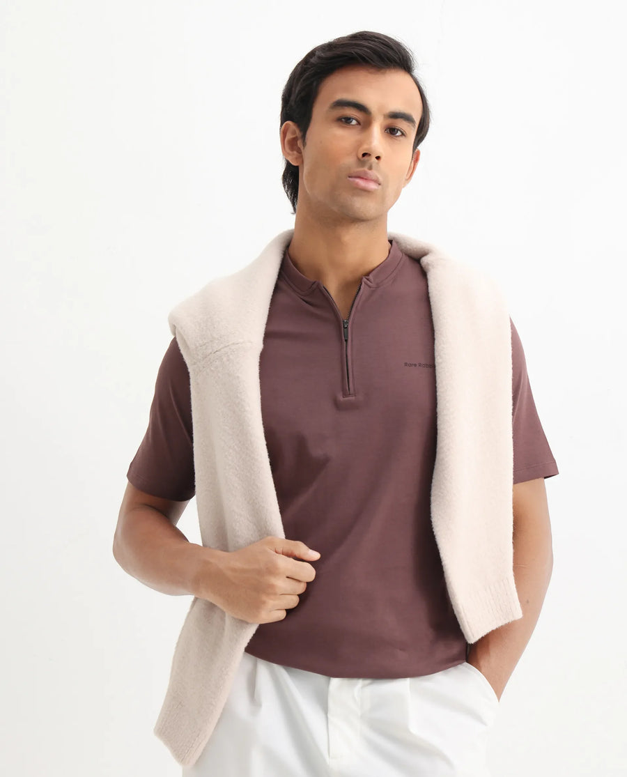 Rare Rabbit Men's Veno Brown Cotton Plain Regular Fit Henley Neck Half Sleeve Polo