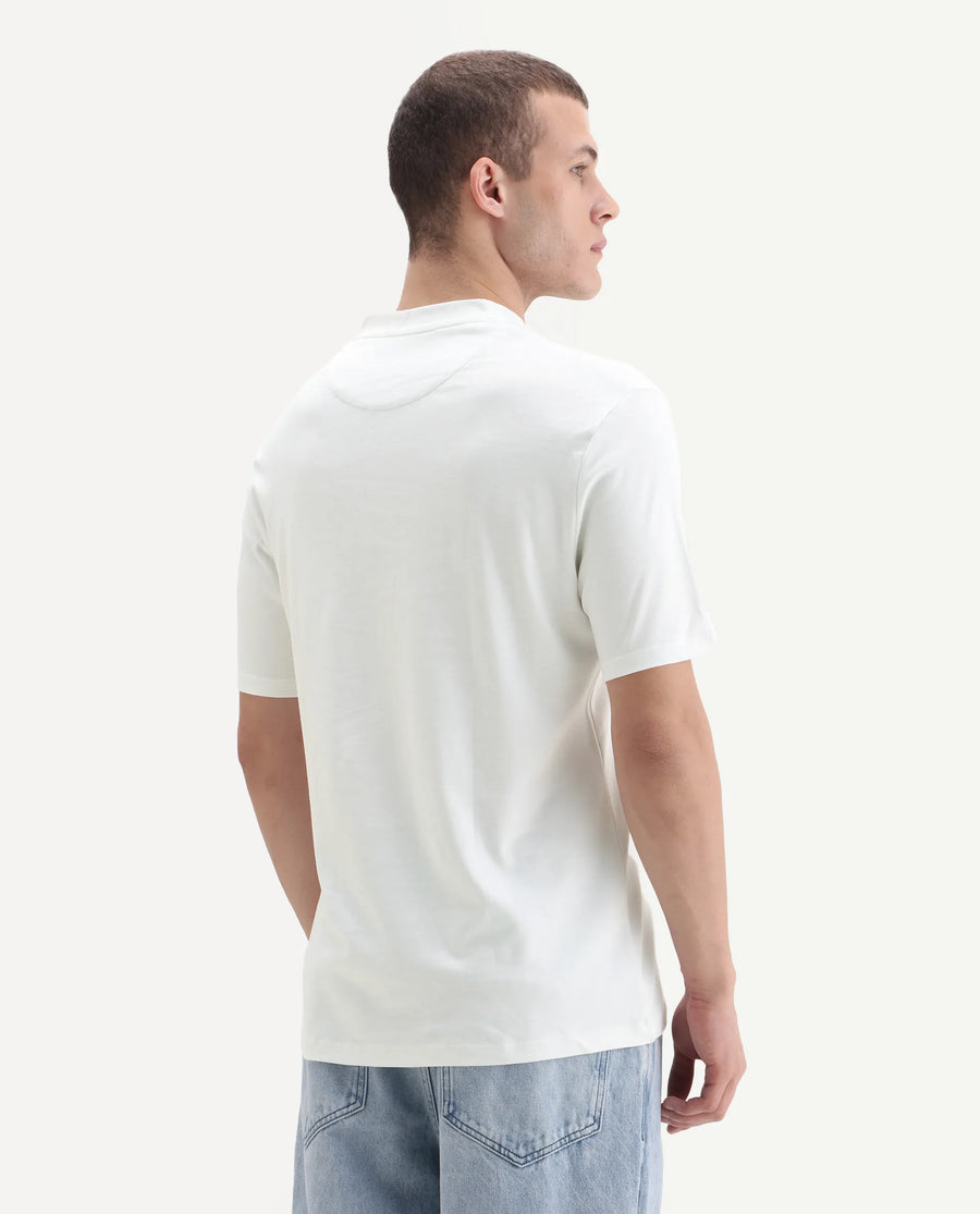 Rare Rabbit Men's Veno White Cotton Plain Regular Fit Henley Neck Half Sleeve Polo