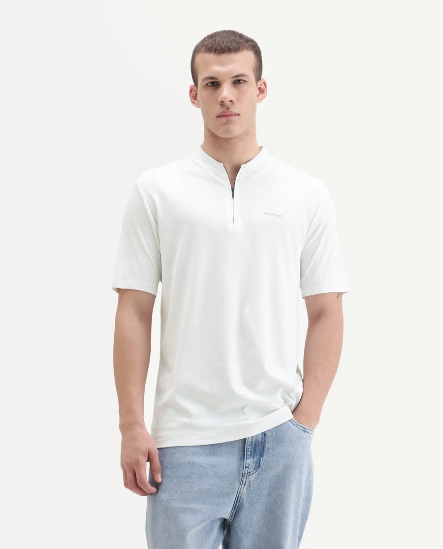 Rare Rabbit Men's Veno White Cotton Plain Regular Fit Henley Neck Half Sleeve Polo