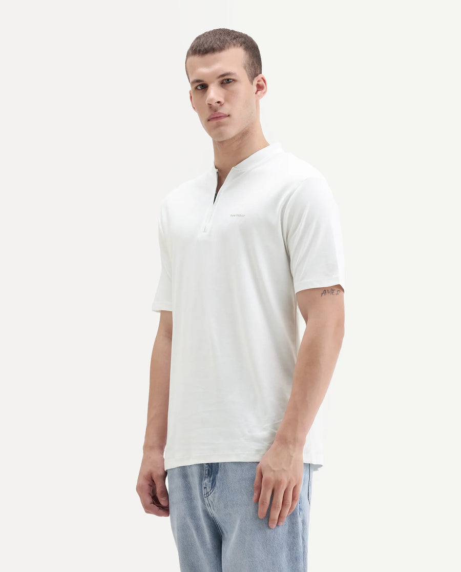 Rare Rabbit Men's Veno White Cotton Plain Regular Fit Henley Neck Half Sleeve Polo