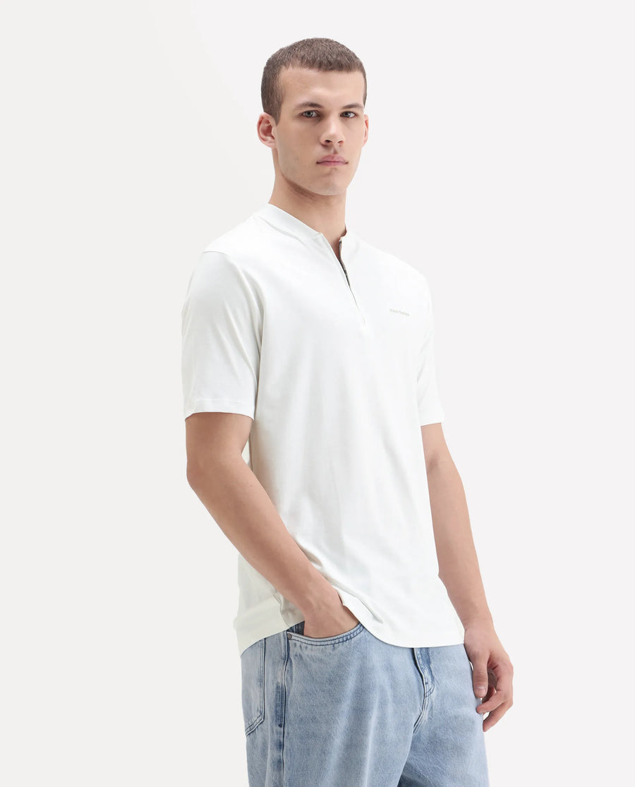 Rare Rabbit Men's Veno White Cotton Plain Regular Fit Henley Neck Half Sleeve Polo