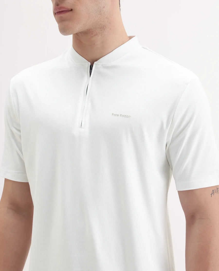Rare Rabbit Men's Veno White Cotton Plain Regular Fit Henley Neck Half Sleeve Polo