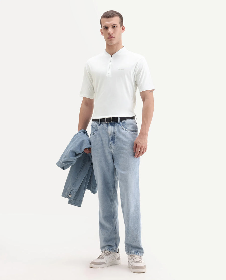 Rare Rabbit Men's Veno White Cotton Plain Regular Fit Henley Neck Half Sleeve Polo