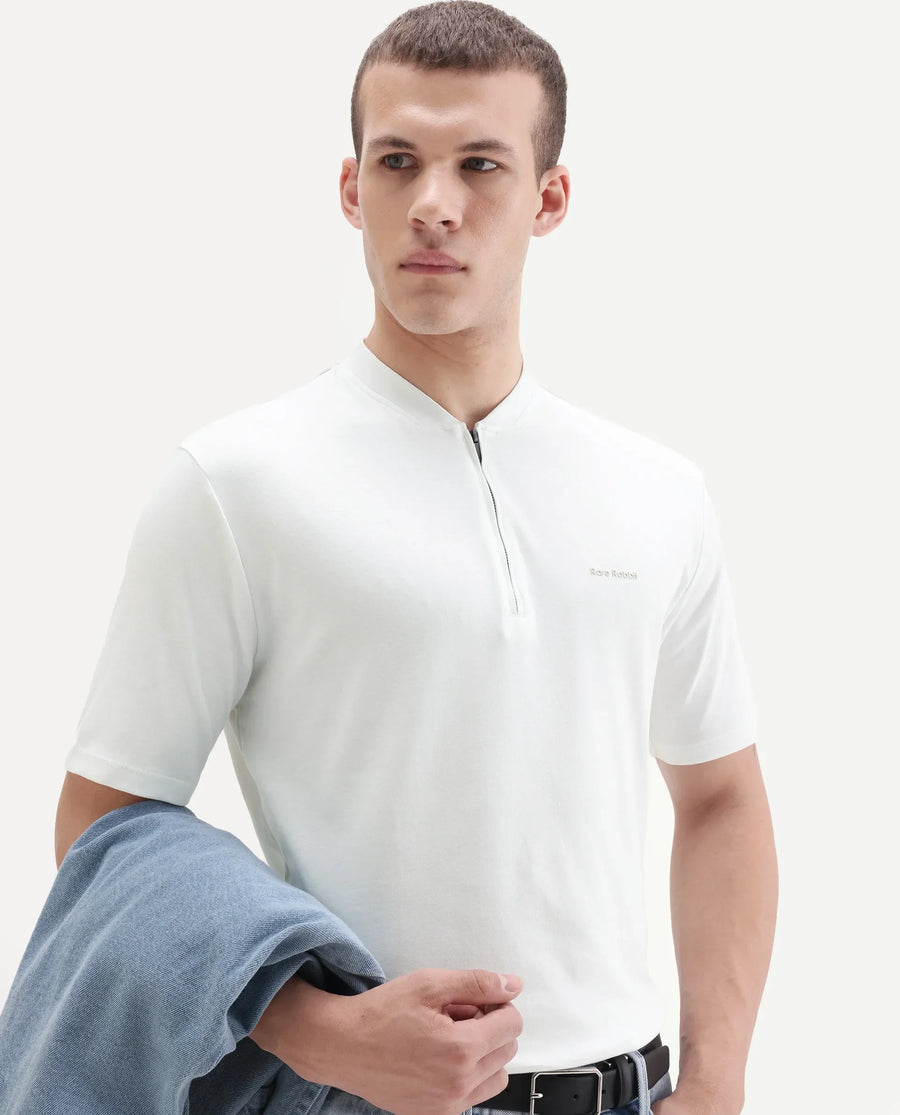 Rare Rabbit Men's Veno White Cotton Plain Regular Fit Henley Neck Half Sleeve Polo