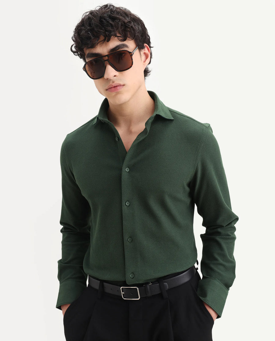 Rare Rabbit Men's Venziya-25 Dark Green Cotton Fabric Spread Collar Regular Fit Textured Shirt