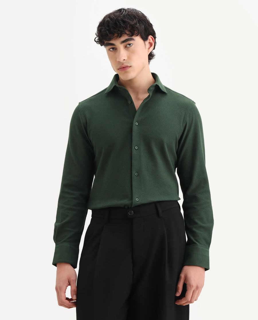 Rare Rabbit Men's Venziya-25 Dark Green Cotton Fabric Spread Collar Regular Fit Textured Shirt