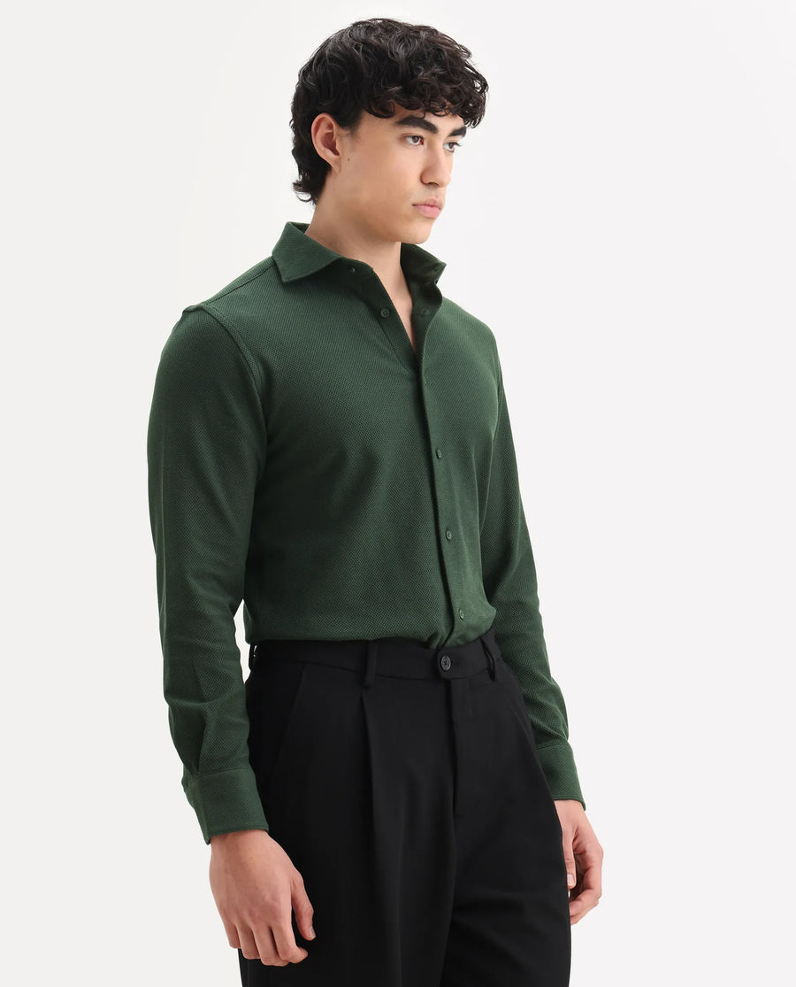 Rare Rabbit Men's Venziya-25 Dark Green Cotton Fabric Spread Collar Regular Fit Textured Shirt