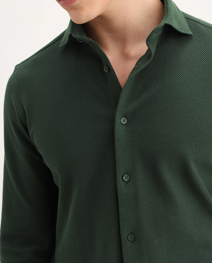 Rare Rabbit Men's Venziya-25 Dark Green Cotton Fabric Spread Collar Regular Fit Textured Shirt