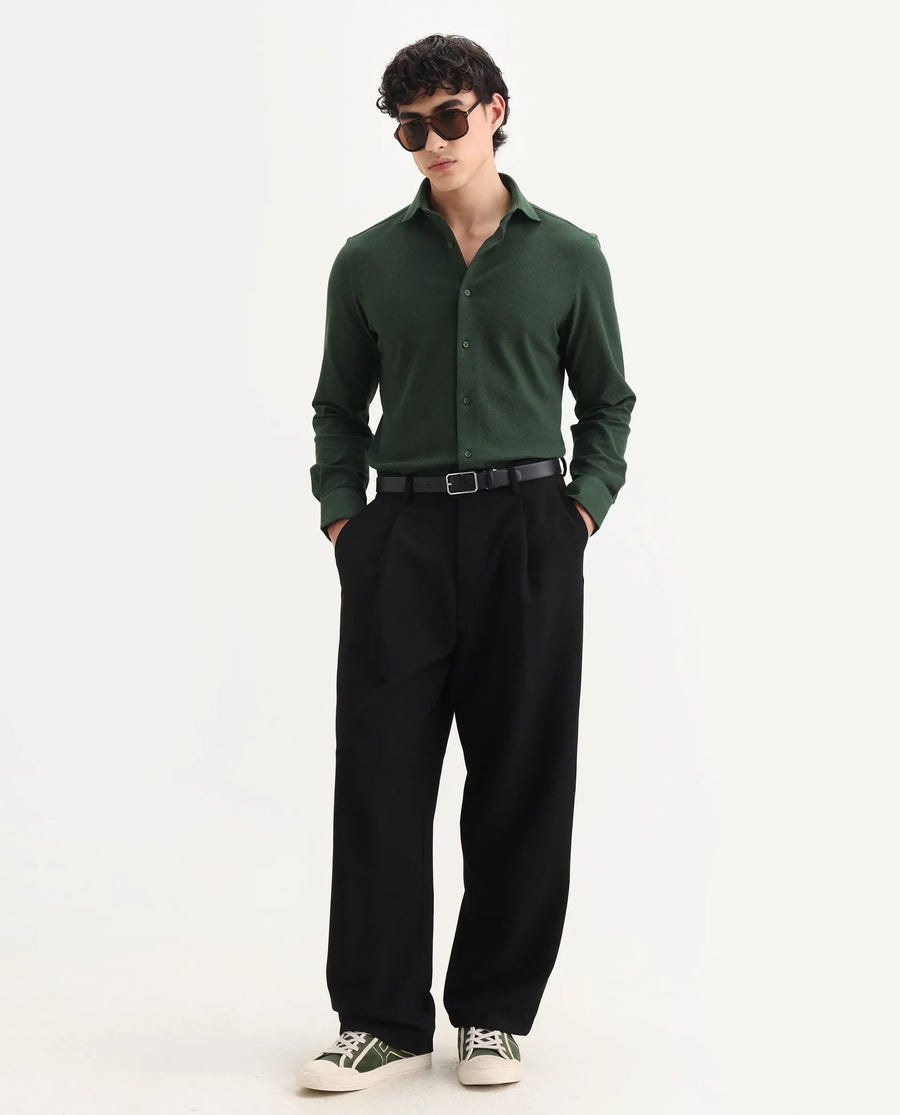 Rare Rabbit Men's Venziya-25 Dark Green Cotton Fabric Spread Collar Regular Fit Textured Shirt