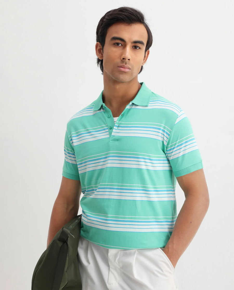 Rare Rabbit Men's Verdun Green Cotton Striped Print Regular Fit Half Sleeve Polo