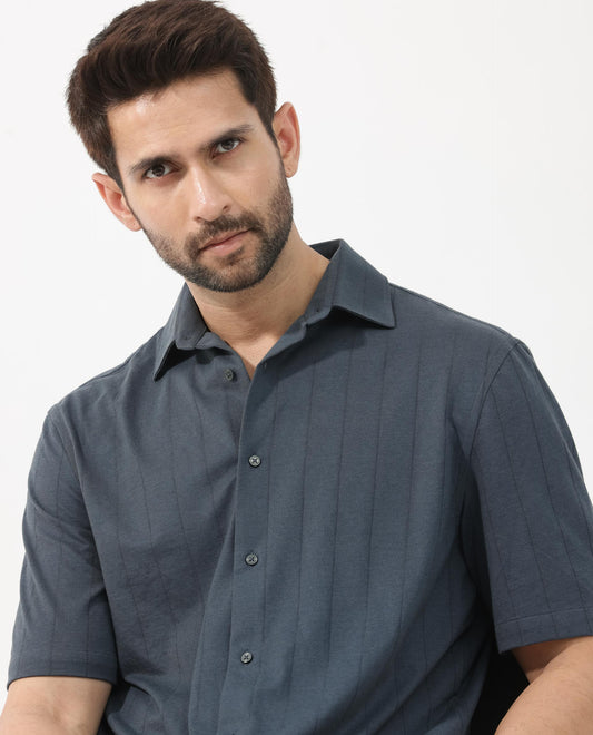 Rare Rabbit Men's Vert Ss Dusky Teal Cotton Plain Boxy Fit Half Sleeve Collared Shirt