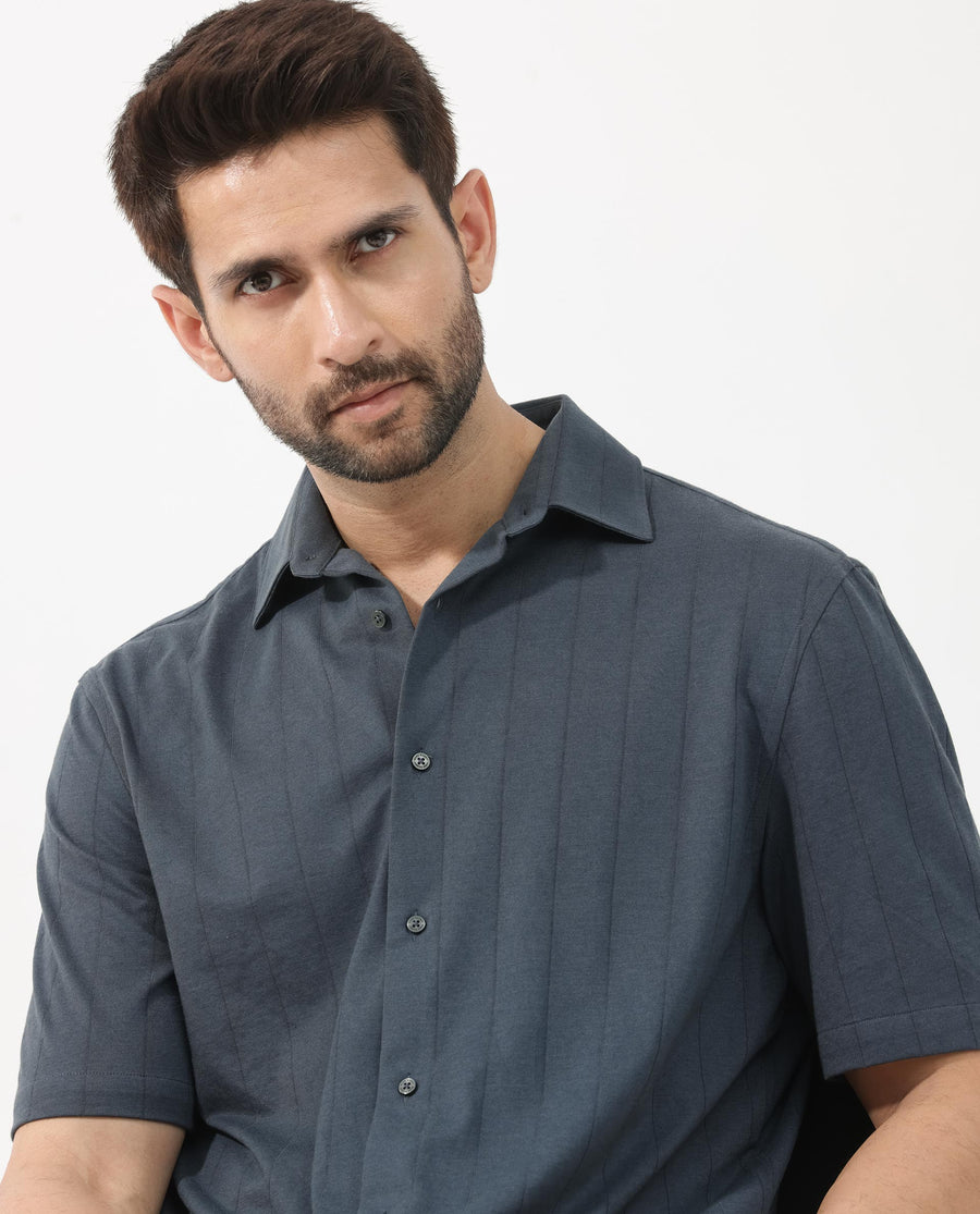 Rare Rabbit Men's Vert Ss Dusky Teal Cotton Plain Boxy Fit Half Sleeve Collared Shirt