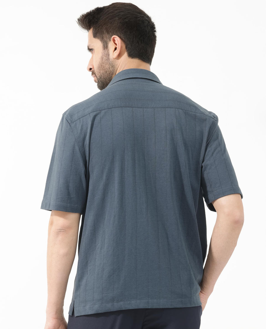 Rare Rabbit Men's Vert Ss Dusky Teal Cotton Plain Boxy Fit Half Sleeve Collared Shirt