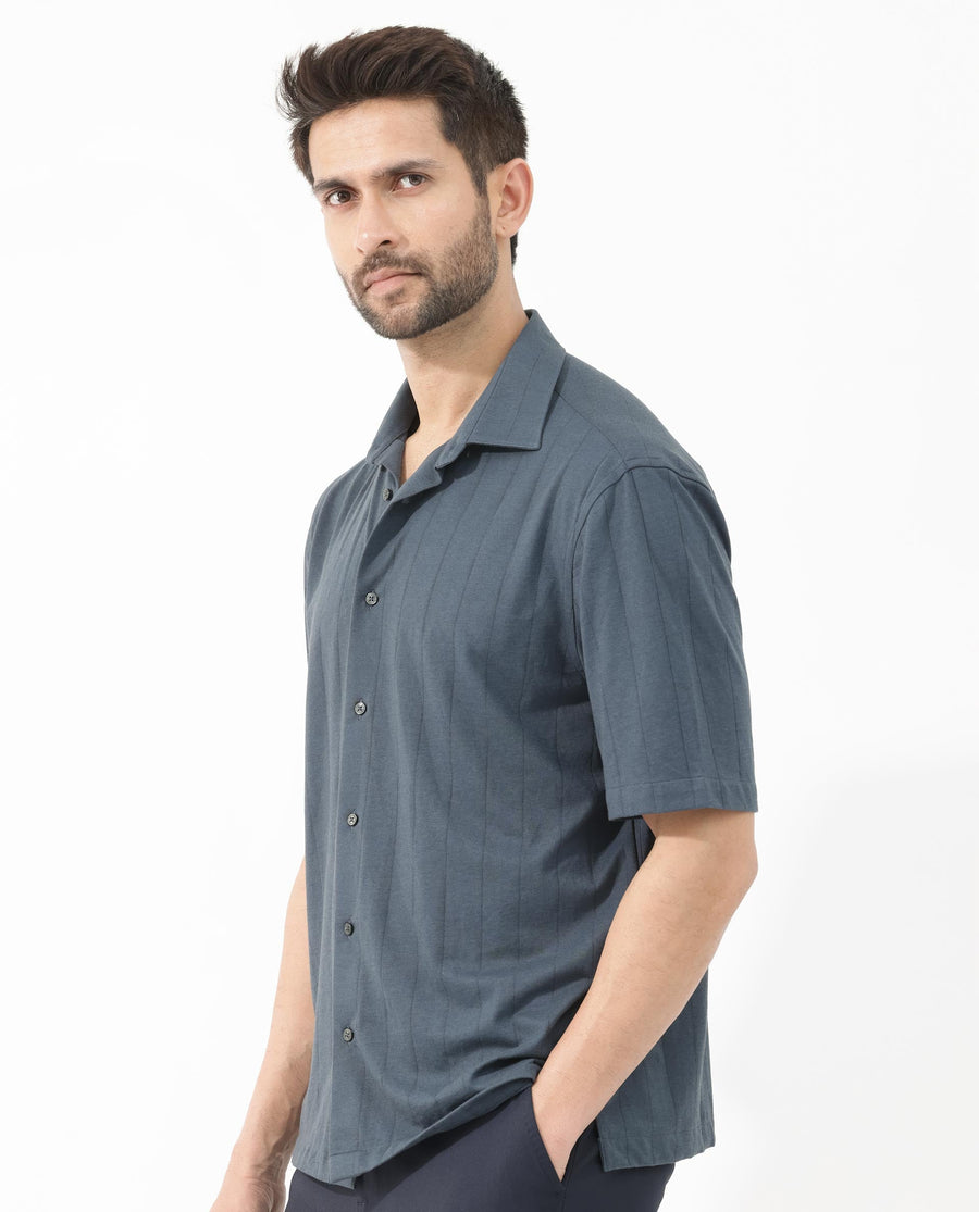 Rare Rabbit Men's Vert Ss Dusky Teal Cotton Plain Boxy Fit Half Sleeve Collared Shirt