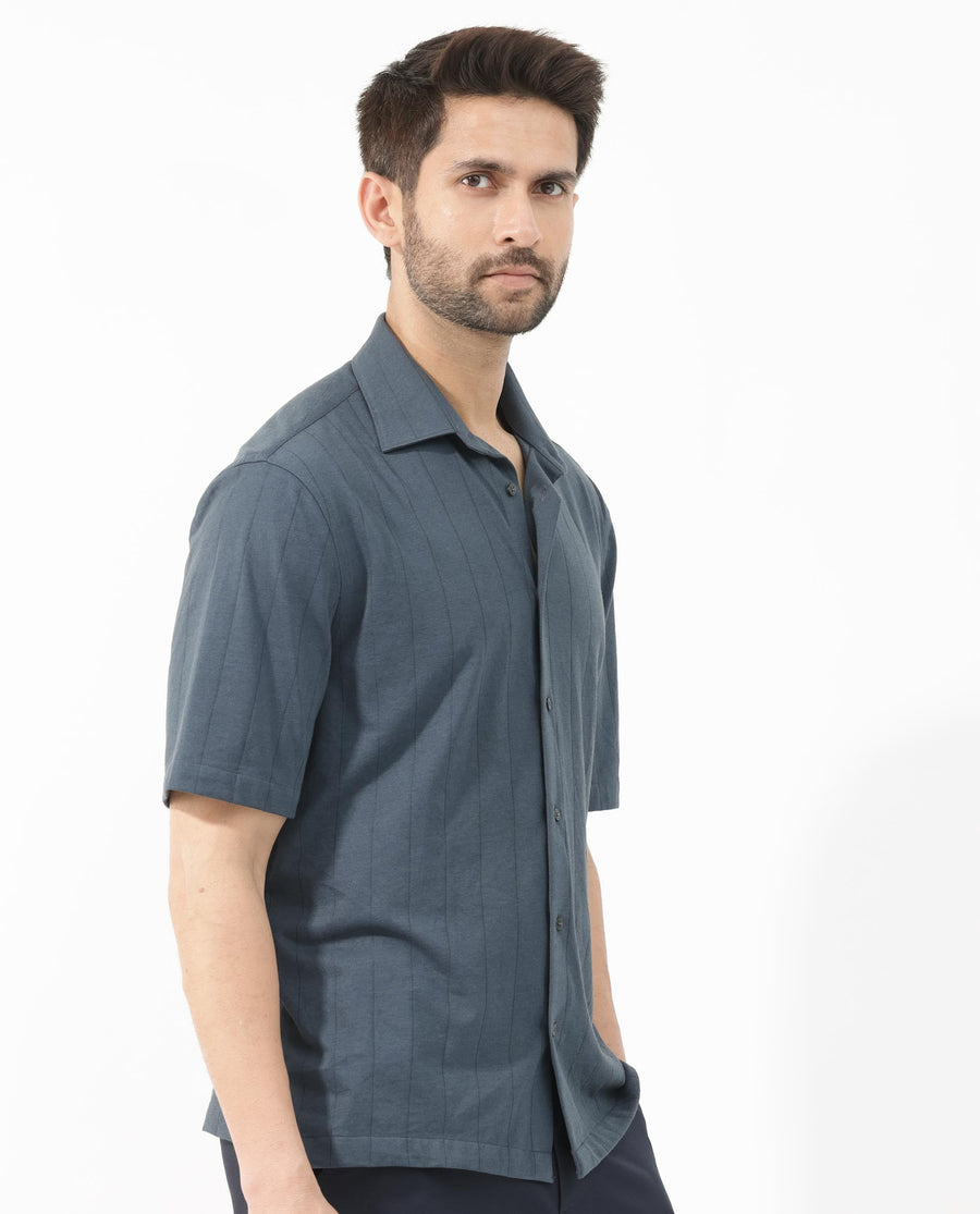 Rare Rabbit Men's Vert Ss Dusky Teal Cotton Plain Boxy Fit Half Sleeve Collared Shirt