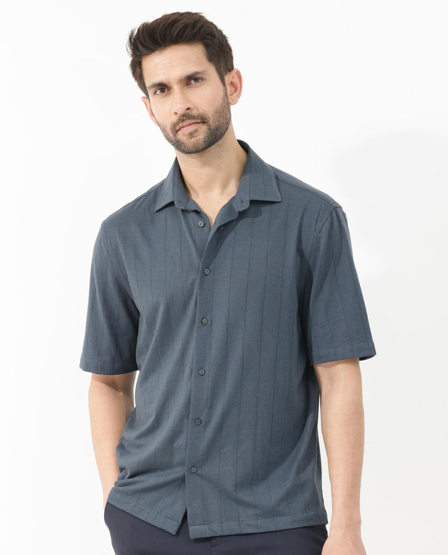 Rare Rabbit Men's Vert Ss Dusky Teal Cotton Plain Boxy Fit Half Sleeve Collared Shirt