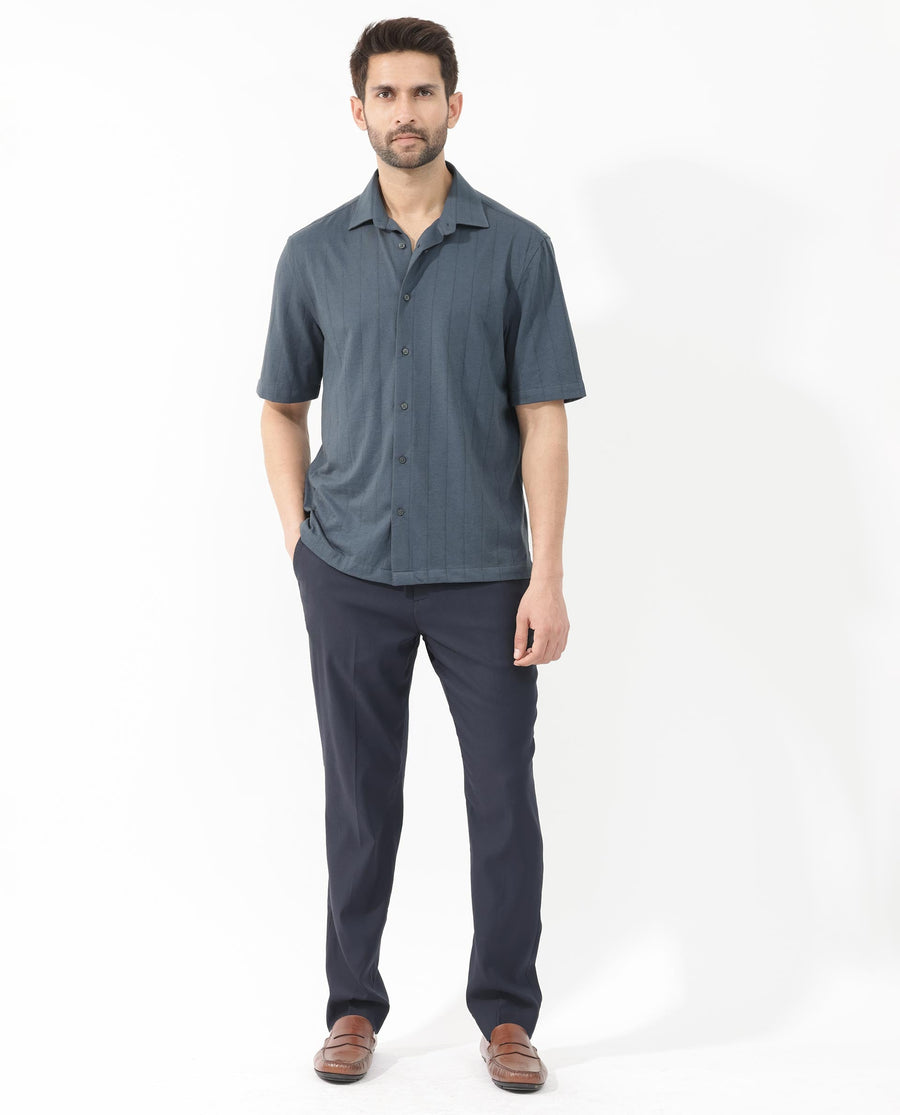 Rare Rabbit Men's Vert Ss Dusky Teal Cotton Plain Boxy Fit Half Sleeve Collared Shirt