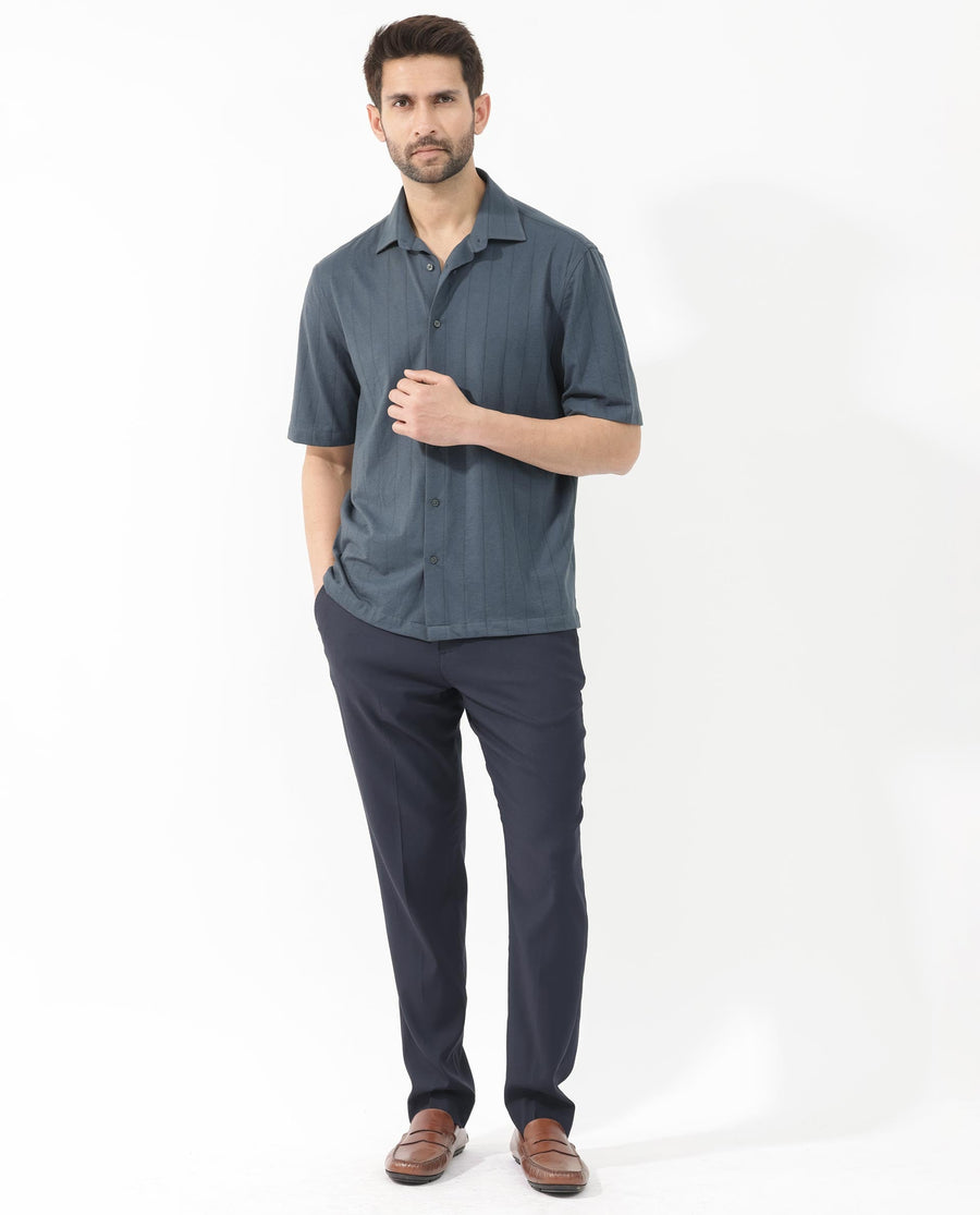 Rare Rabbit Men's Vert Ss Dusky Teal Cotton Plain Boxy Fit Half Sleeve Collared Shirt