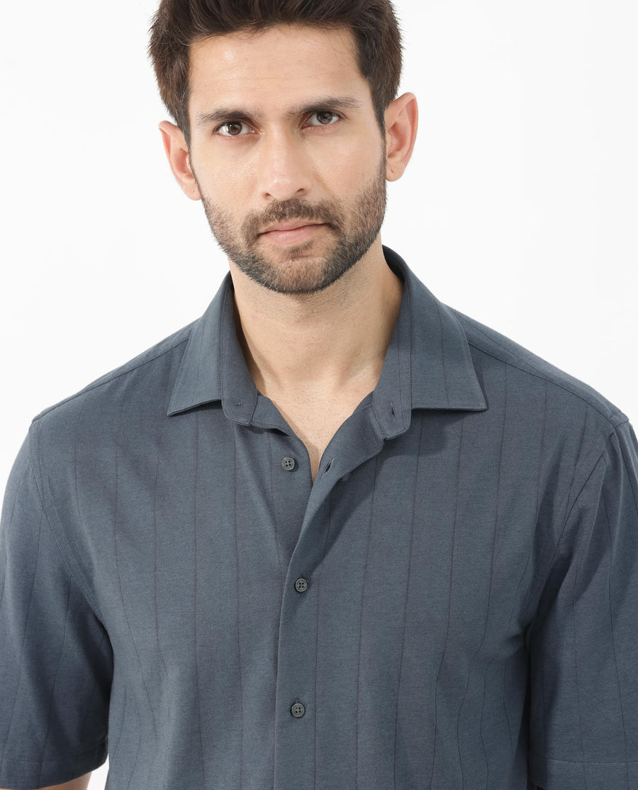 Rare Rabbit Men's Vert Ss Dusky Teal Cotton Plain Boxy Fit Half Sleeve Collared Shirt