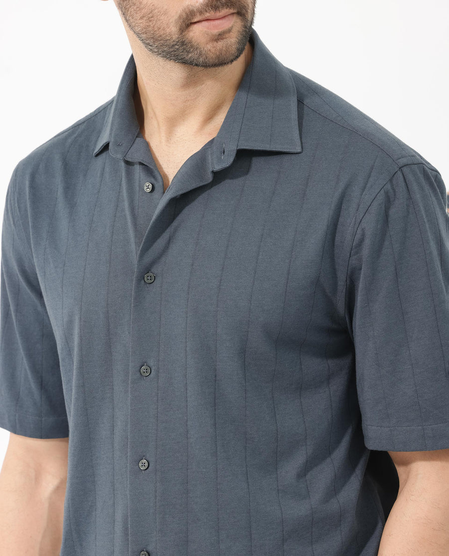 Rare Rabbit Men's Vert Ss Dusky Teal Cotton Plain Boxy Fit Half Sleeve Collared Shirt