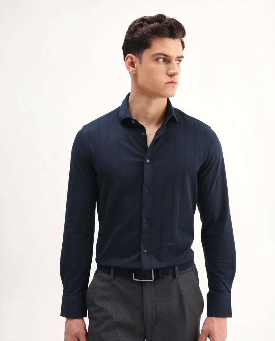 Rare Rabbit Men's Vert-Ls-25 Navy Cotton Blend Striped Print Regular Fit Full Sleeve Collared Shirt