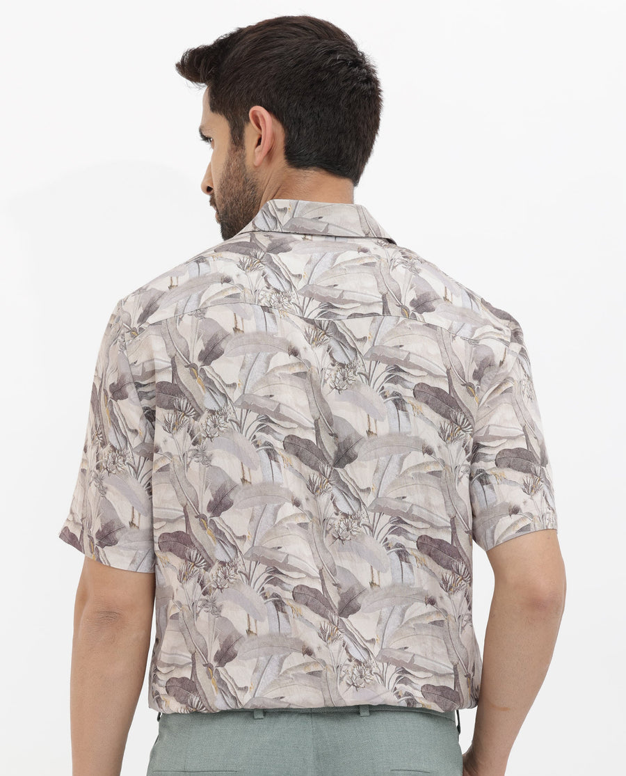 Rare Rabbit Men's Verton Beige Viscose Tropical Print Boxy Fit Half Sleeve Collared Shirt