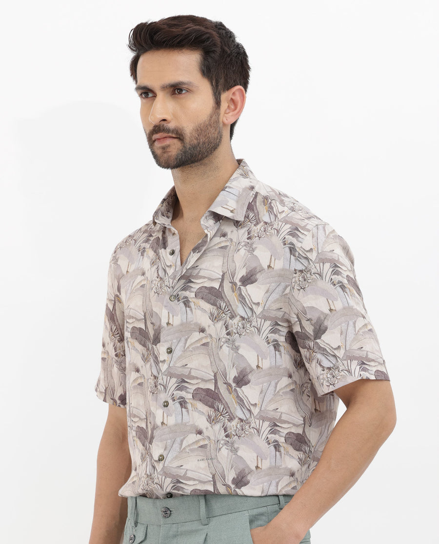 Rare Rabbit Men's Verton Beige Viscose Tropical Print Boxy Fit Half Sleeve Collared Shirt