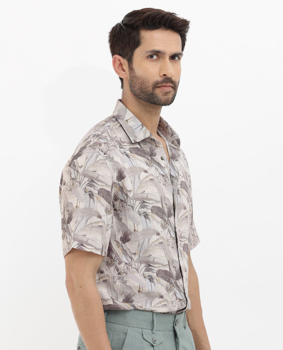 Rare Rabbit Men's Verton Beige Viscose Tropical Print Boxy Fit Half Sleeve Collared Shirt