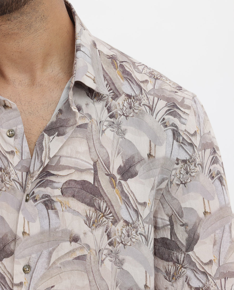 Rare Rabbit Men's Verton Beige Viscose Tropical Print Boxy Fit Half Sleeve Collared Shirt