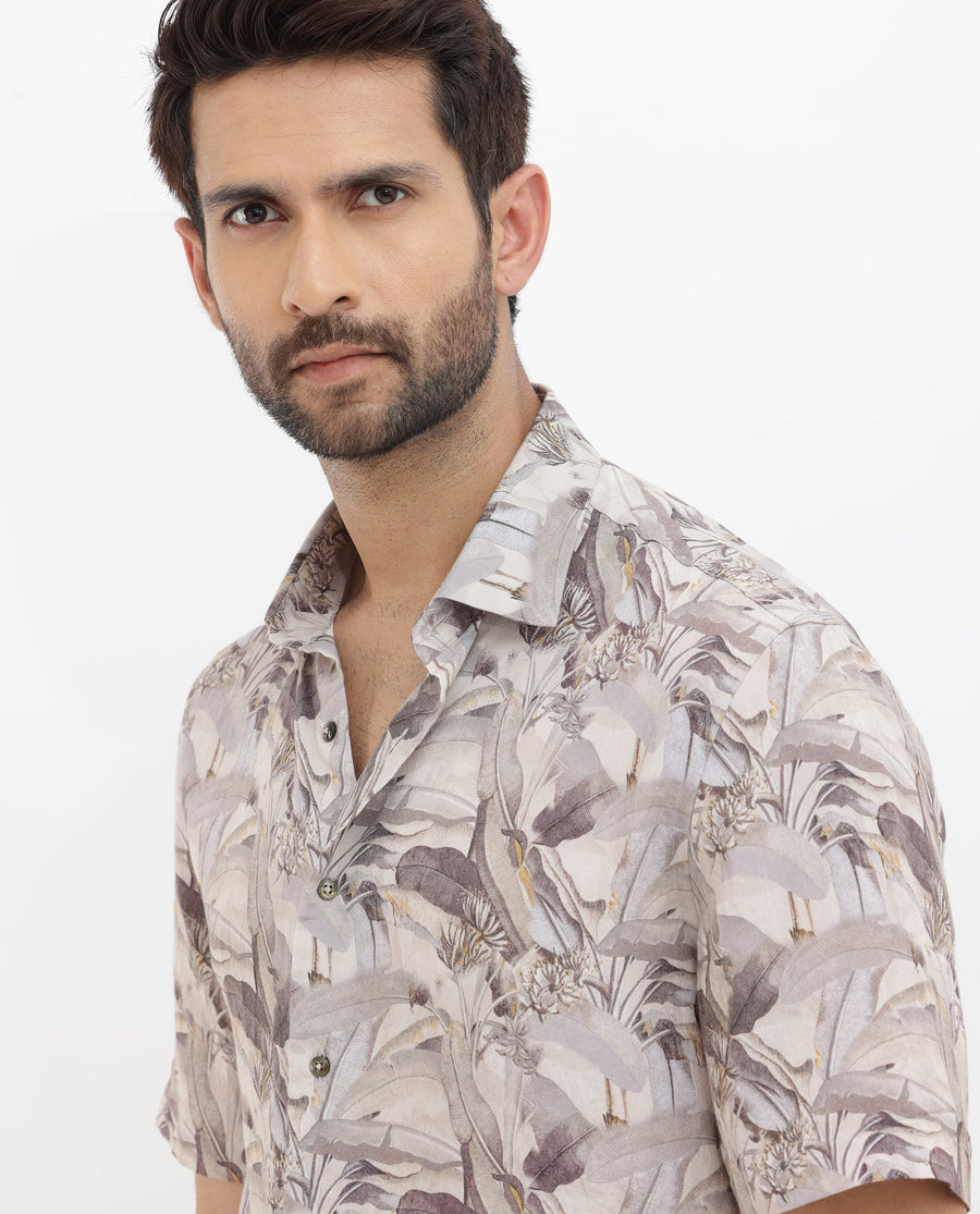 Rare Rabbit Men's Verton Beige Viscose Tropical Print Boxy Fit Half Sleeve Collared Shirt