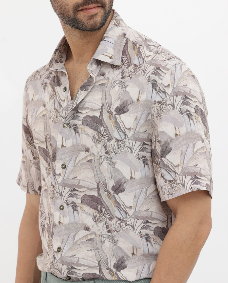Rare Rabbit Men's Verton Beige Viscose Tropical Print Boxy Fit Half Sleeve Collared Shirt