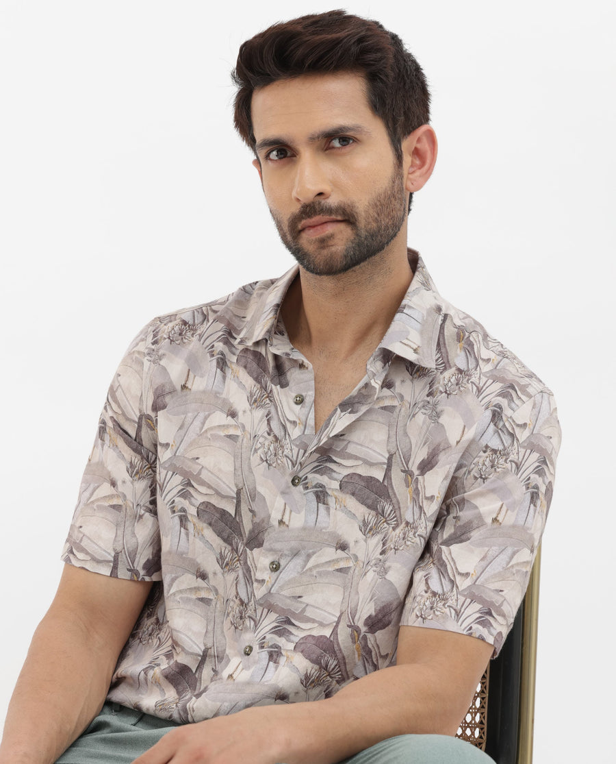 Rare Rabbit Men's Verton Beige Viscose Tropical Print Boxy Fit Half Sleeve Collared Shirt